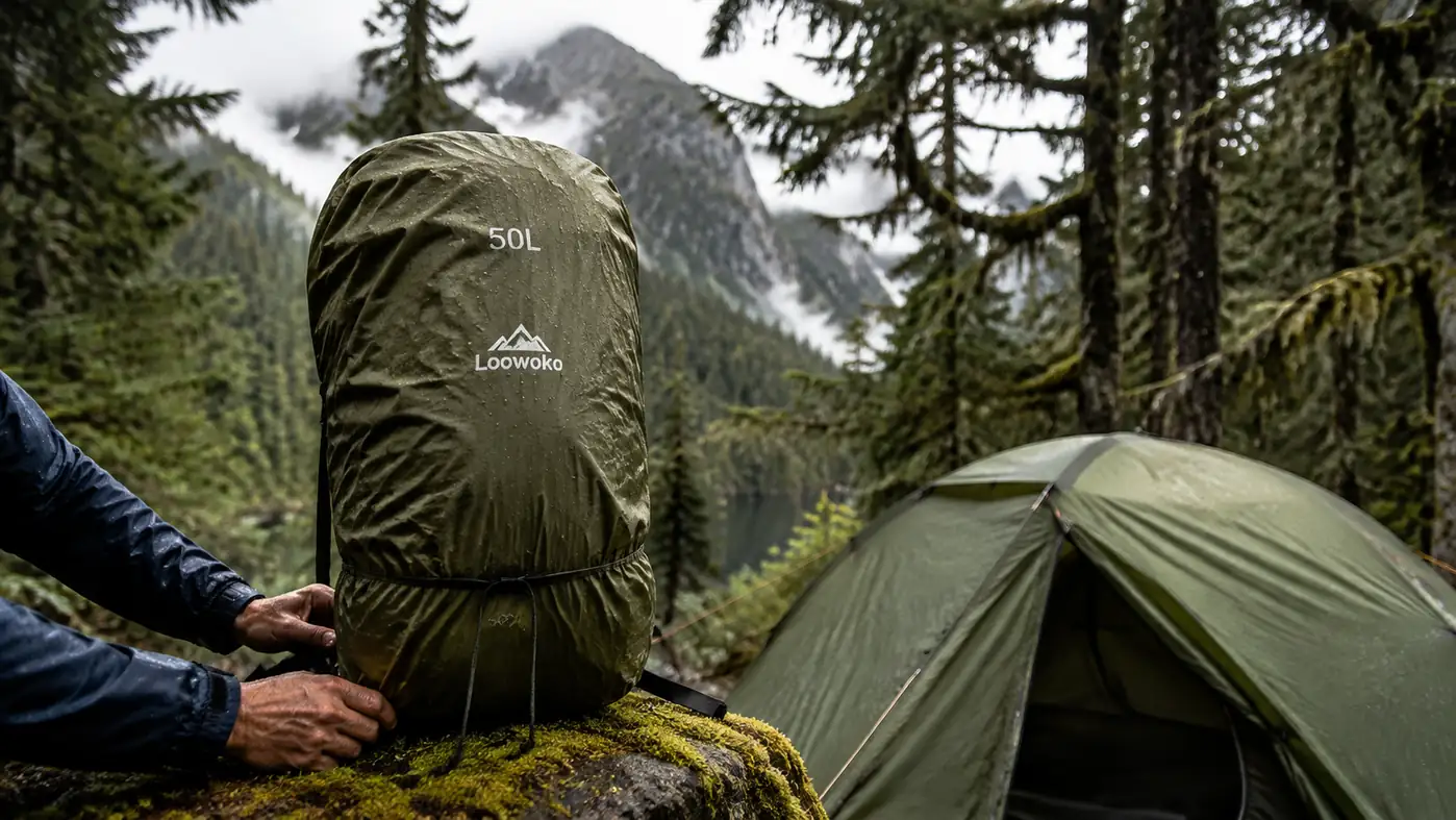 A loaded 50 liter backpack with the rain cover on, standing upright on a damp rock beside a tent