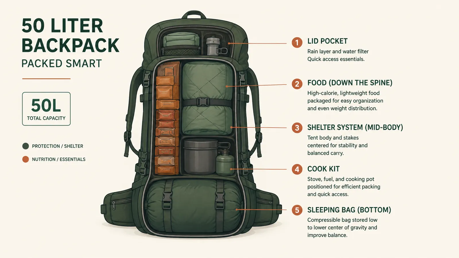 A labeled packing layout diagram showing where a sleeping bag, tent, cook kit, and food fit in a 50 liter pack for a two-night trip