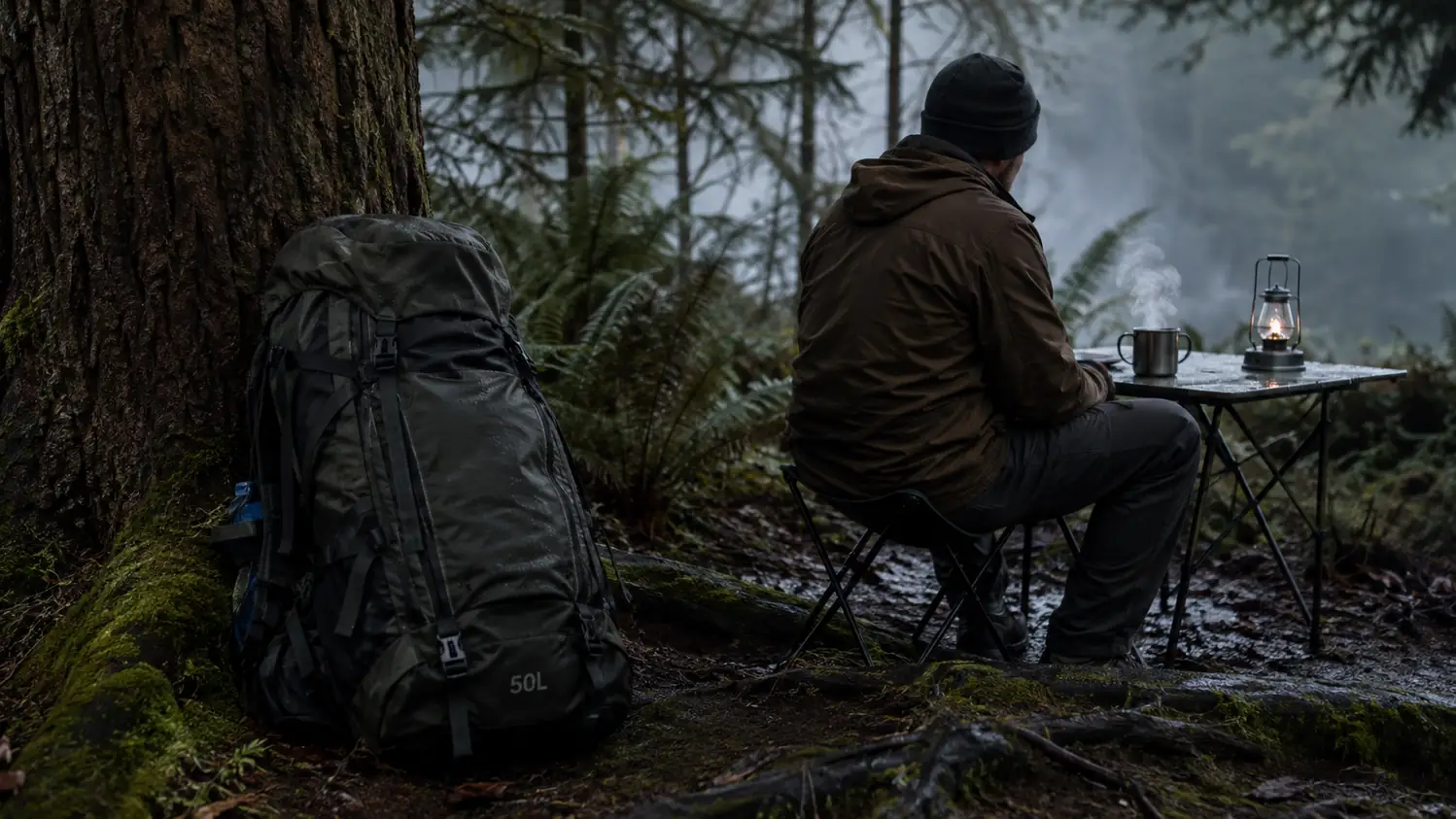 A backpack leaning against a hemlock at dawn beside a campfire breakfast, someone reaching into the side pocket