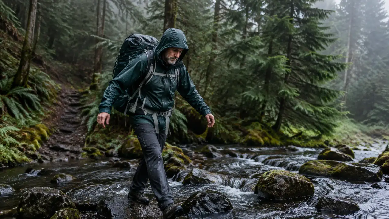 A hiker crossing a small creek on a wet Pacific Northwest trail with a full backpack