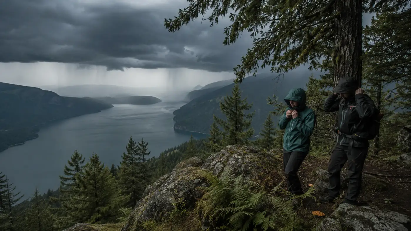 Two hikers stopping under a tall western hemlock to put rain jackets on as a squall line moves over a mountain lake
