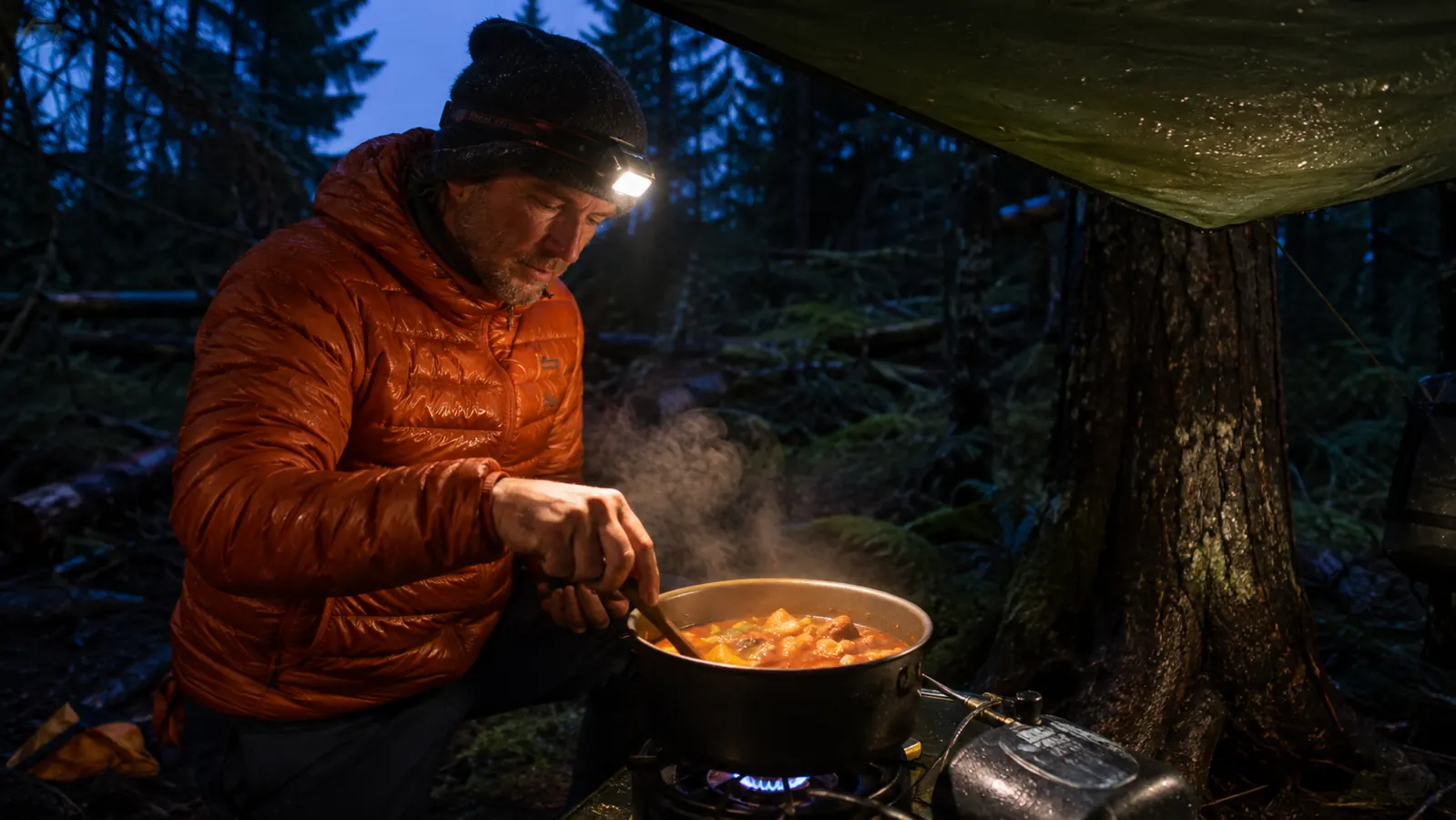 A one-pot dinner simmering on a propane stove at dusk under a tarp