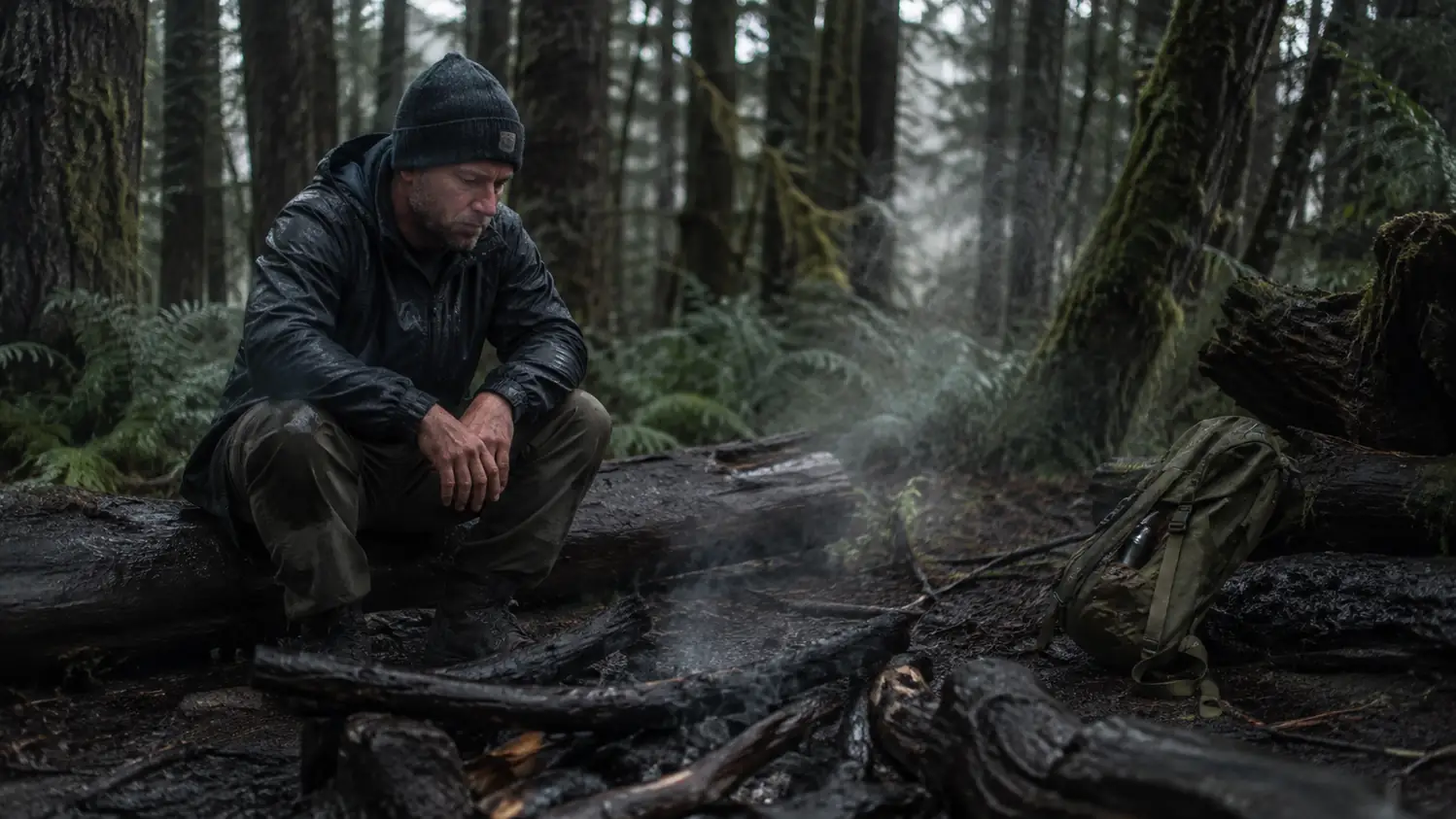 A wet campfire ring of soggy logs and unlit driftwood with a thin wisp of smoke, drizzle falling
