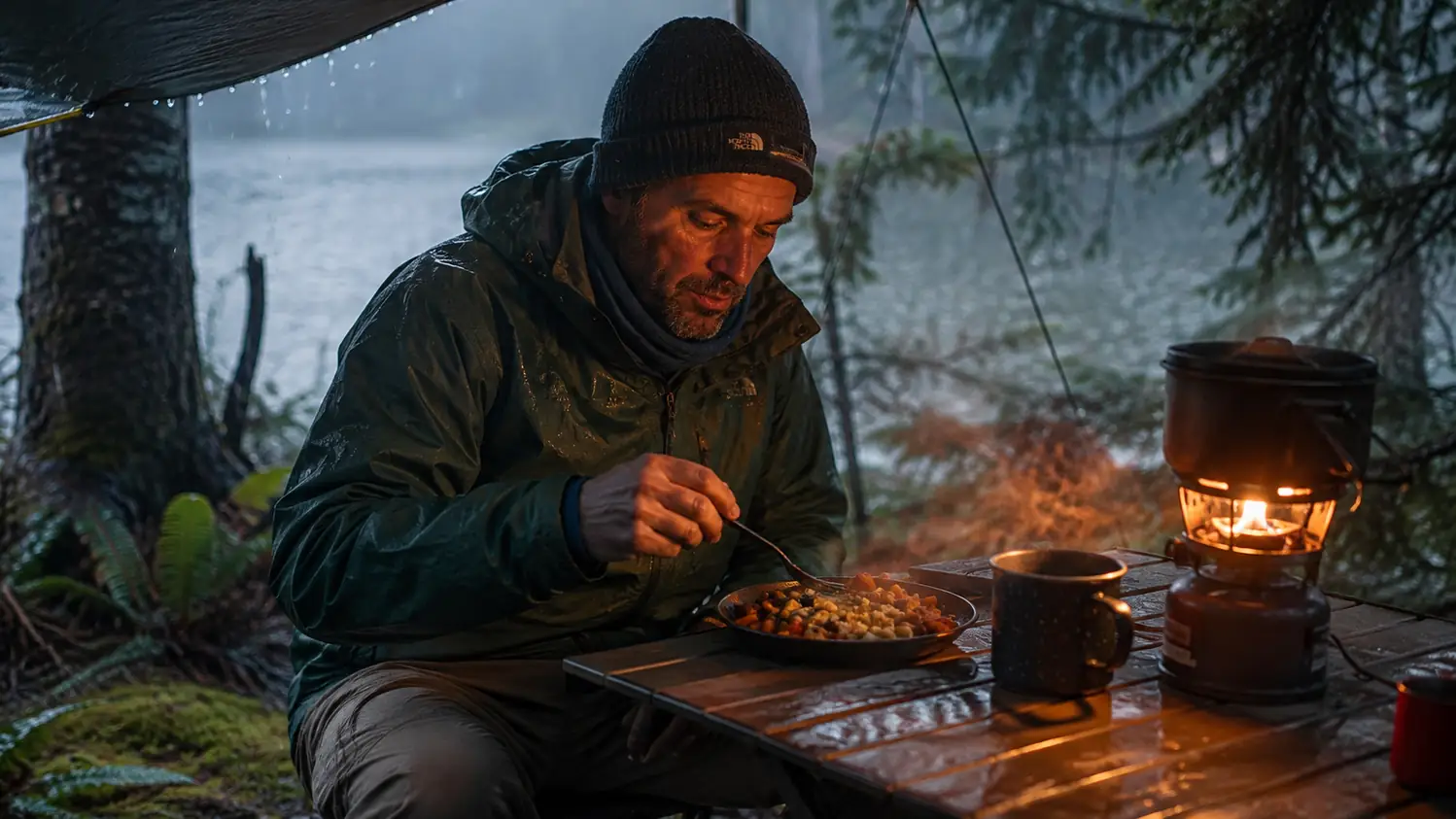 A hot cooked meal steaming on a camp table in the rain, steam rising from a mug and a plate under a tarp