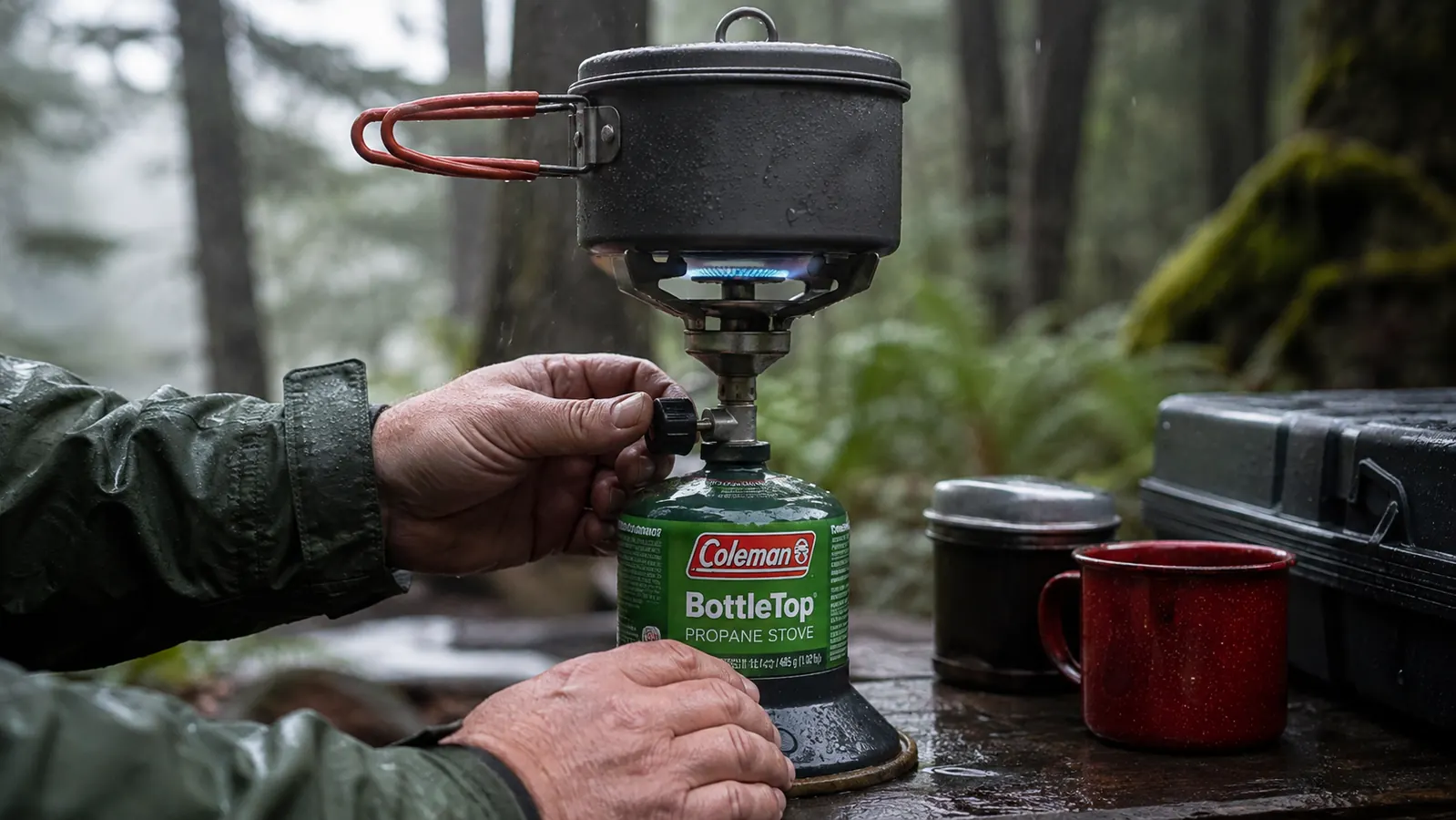 Hand turning the control knob on the Coleman BottleTop while a one-pot dinner simmers