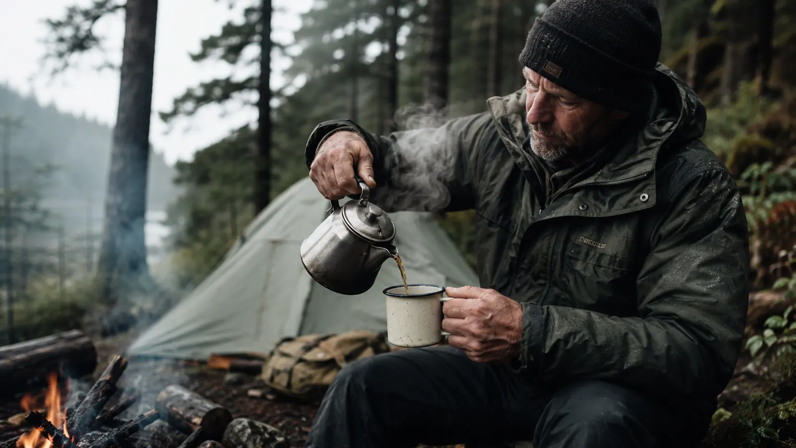 Morning coffee being poured from a steel camp kettle at a rain-dampened campsite