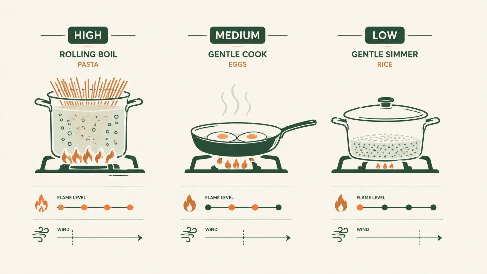 A simple labeled chart comparing three camp cooking heat settings, from high rolling boil for pasta to low gentle simmer for rice, with arrows labeled for wind and flame.