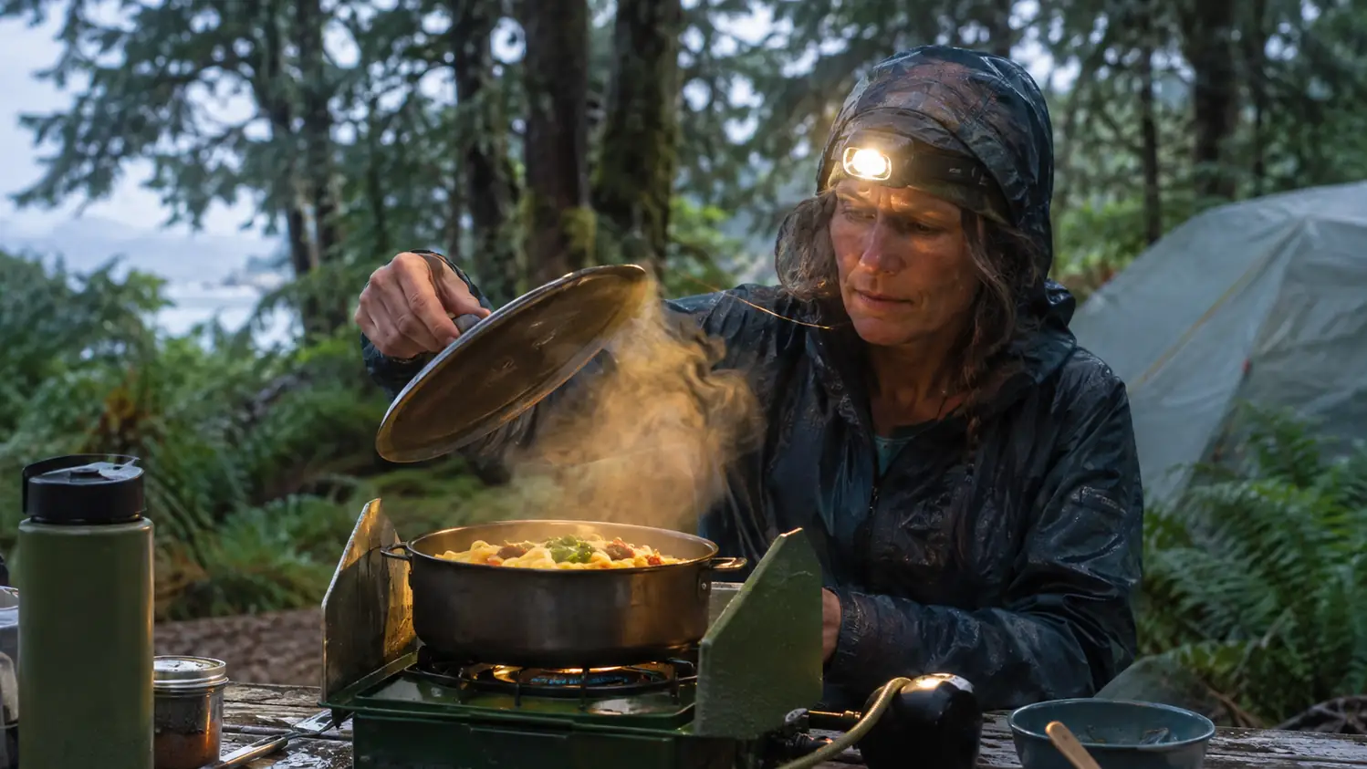 A camper pulling a pot lid off a dinner of pasta and sauce on a Coleman stove at a rainy camp picnic table, headlamp on, steam rising into the evening.
