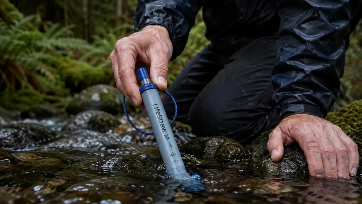 A close-up of a hand holding a gray LifeStraw Peak filter straw with the intake cap end submerged in clear running stream water, tiny bubbles showing the suck.