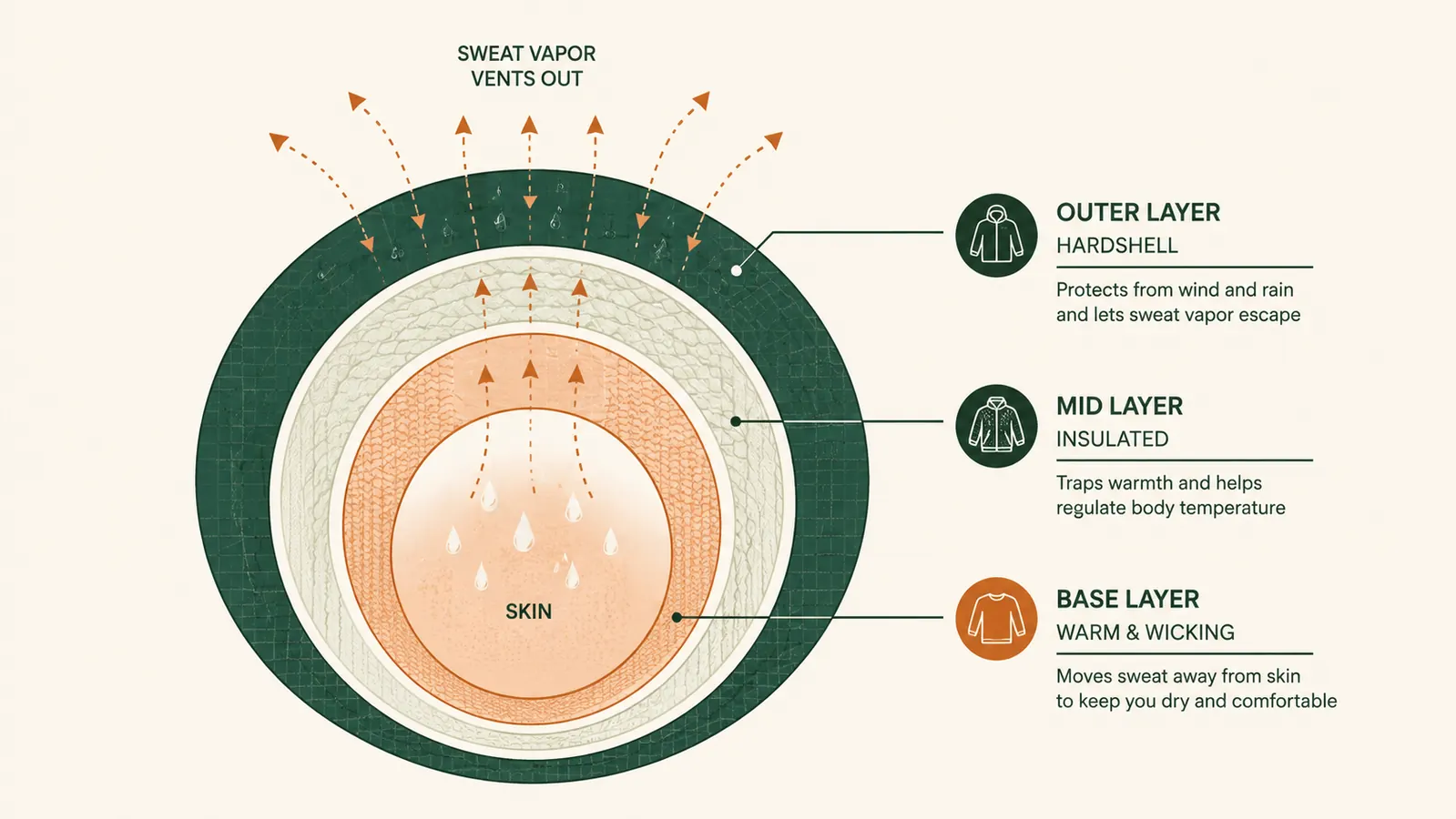 A clean labeled diagram showing the three layer system as concentric rings: base layer against the skin, mid layer, then the outer hardshell, with arrows showing moisture and venting.