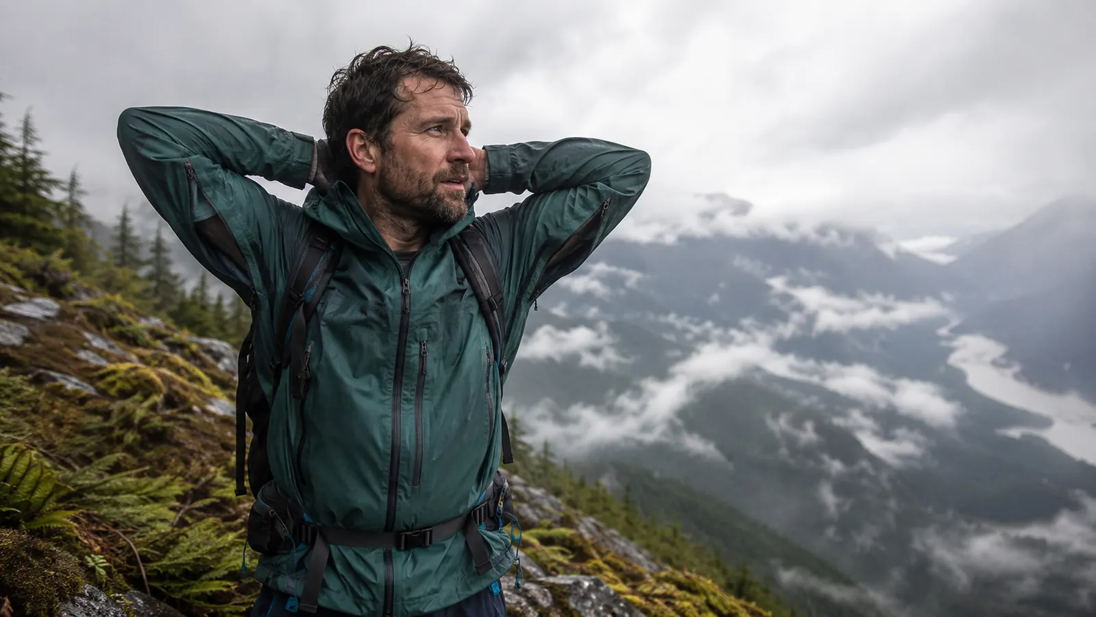 A hiker on a misty alpine ridge wearing a green hardshell with underarm pit zips open, rain clearing over the valley below.
