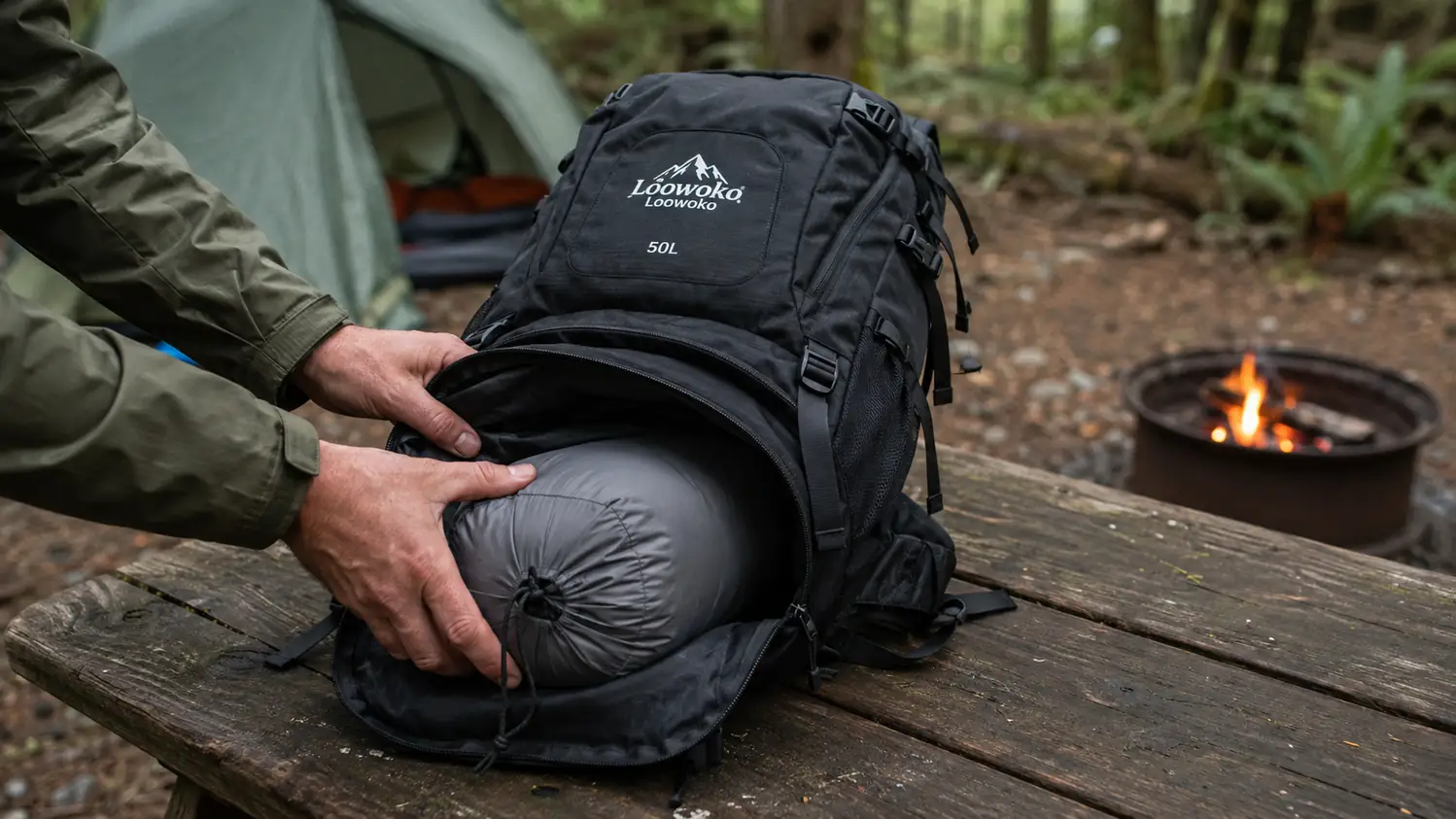 Hands loading a grey rolled synthetic sleeping bag into the bottom of an open 50 liter pack laid on a picnic table in a campground
