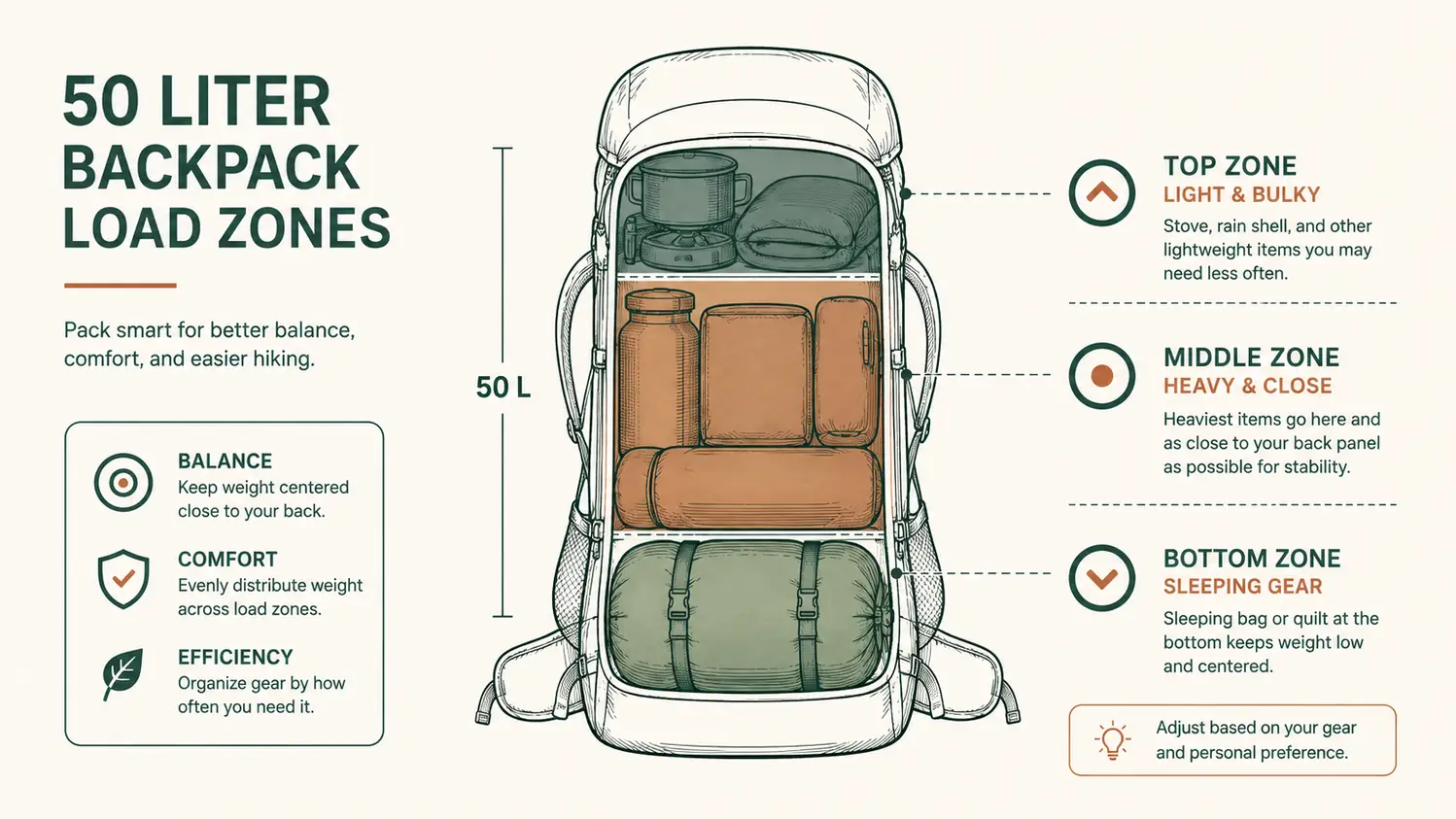 A cross-section style illustration of a loaded backpack showing the load order from sleeping bag at the bottom to stove and rain shell at the top