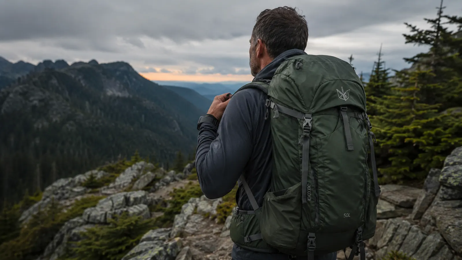 A hiker adjusting a fully loaded pack on their shoulders on a rocky alpine ridge at dusk, breath visible in the cold