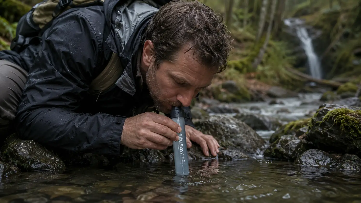 A close hand drinking cold stream water directly through a gray filter straw, crouched at a creek crossing