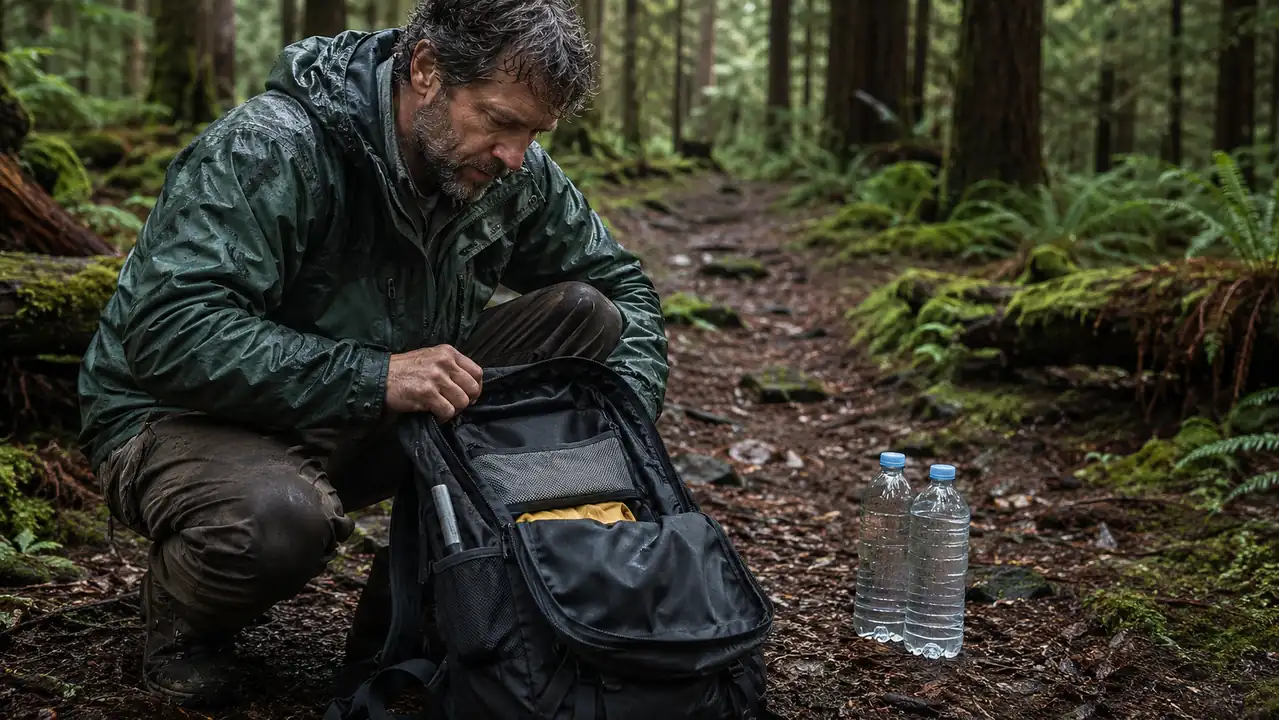 A hiker's open pack on the ground beside a trail, one small filter straw clearly visible among the kit, two large water bottles left out of frame