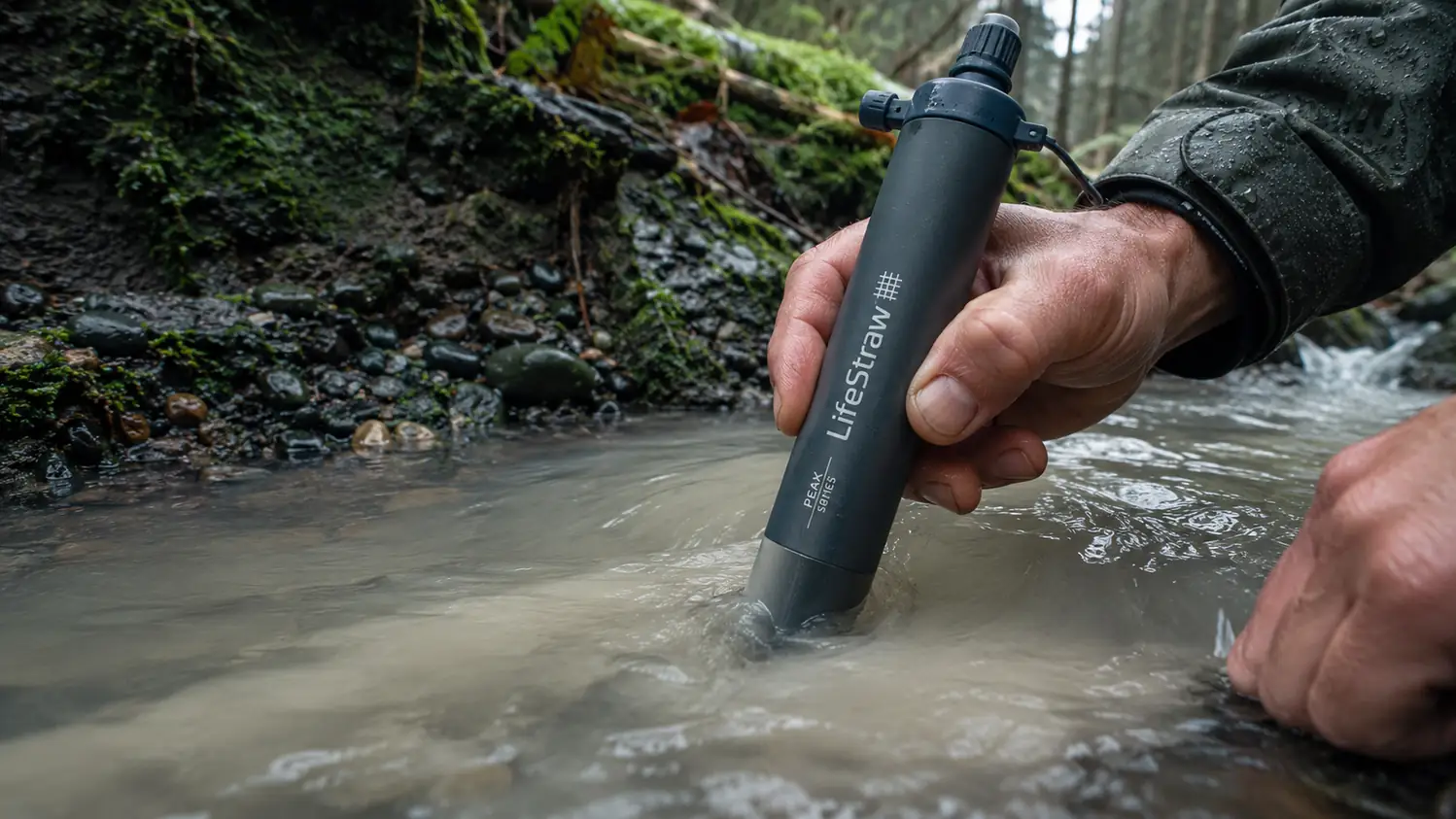 A hand dipping a gray filter straw into a silt-clouded glacier-fed creek, the water milky and not clear