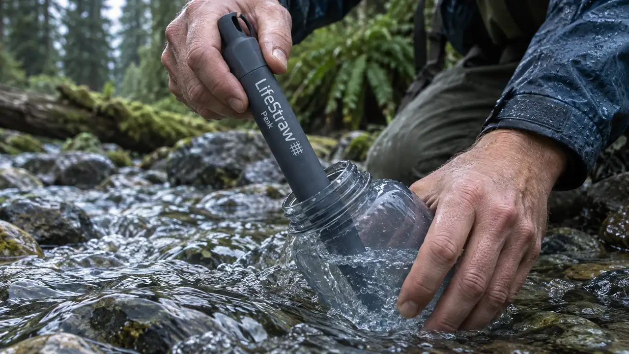 Hand holding the LifeStraw Peak filter straw and filling a clear water bottle from a stream