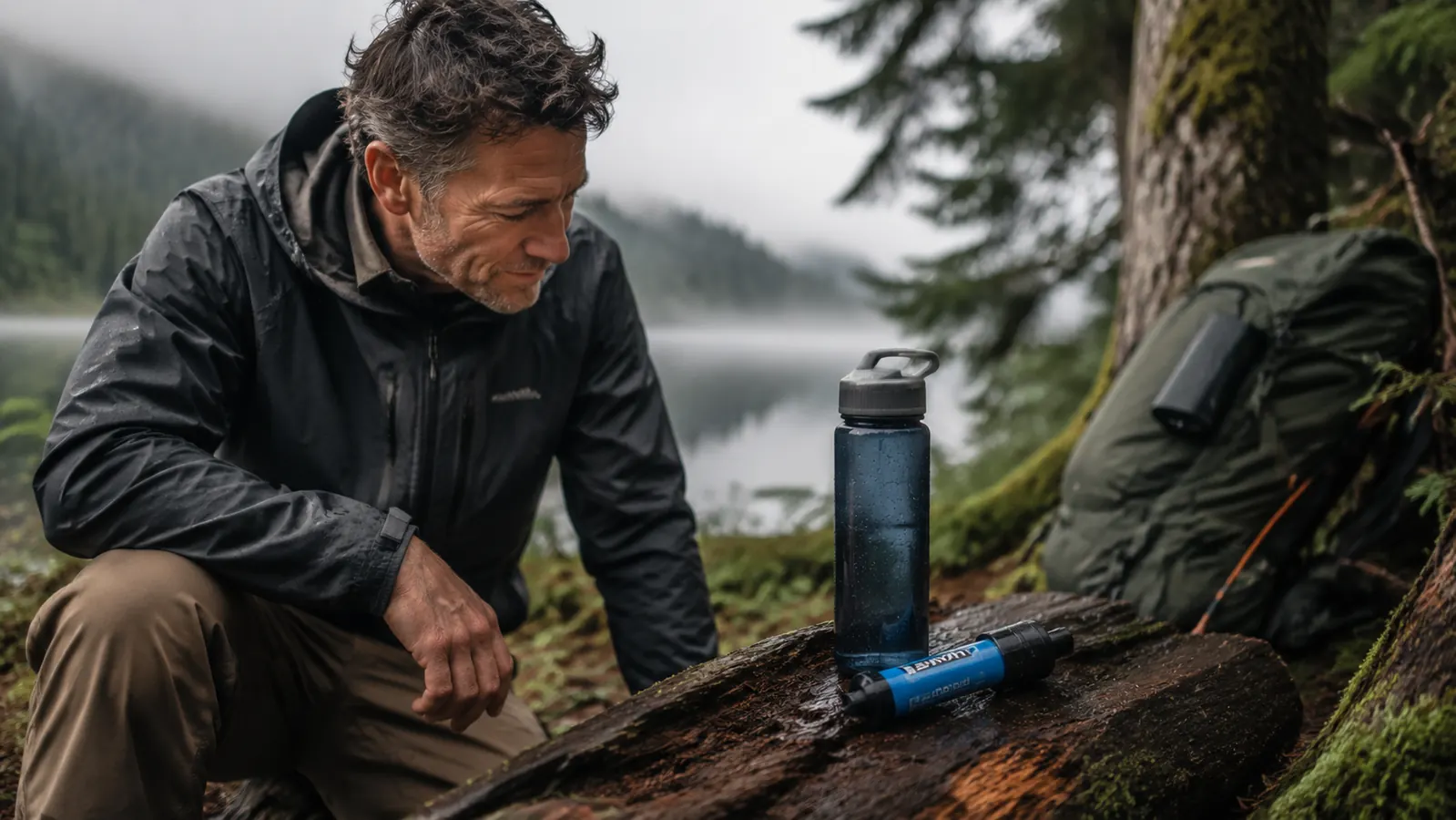 A filter bottle and straw set side by side on a log at a hiker's camp beside a lake