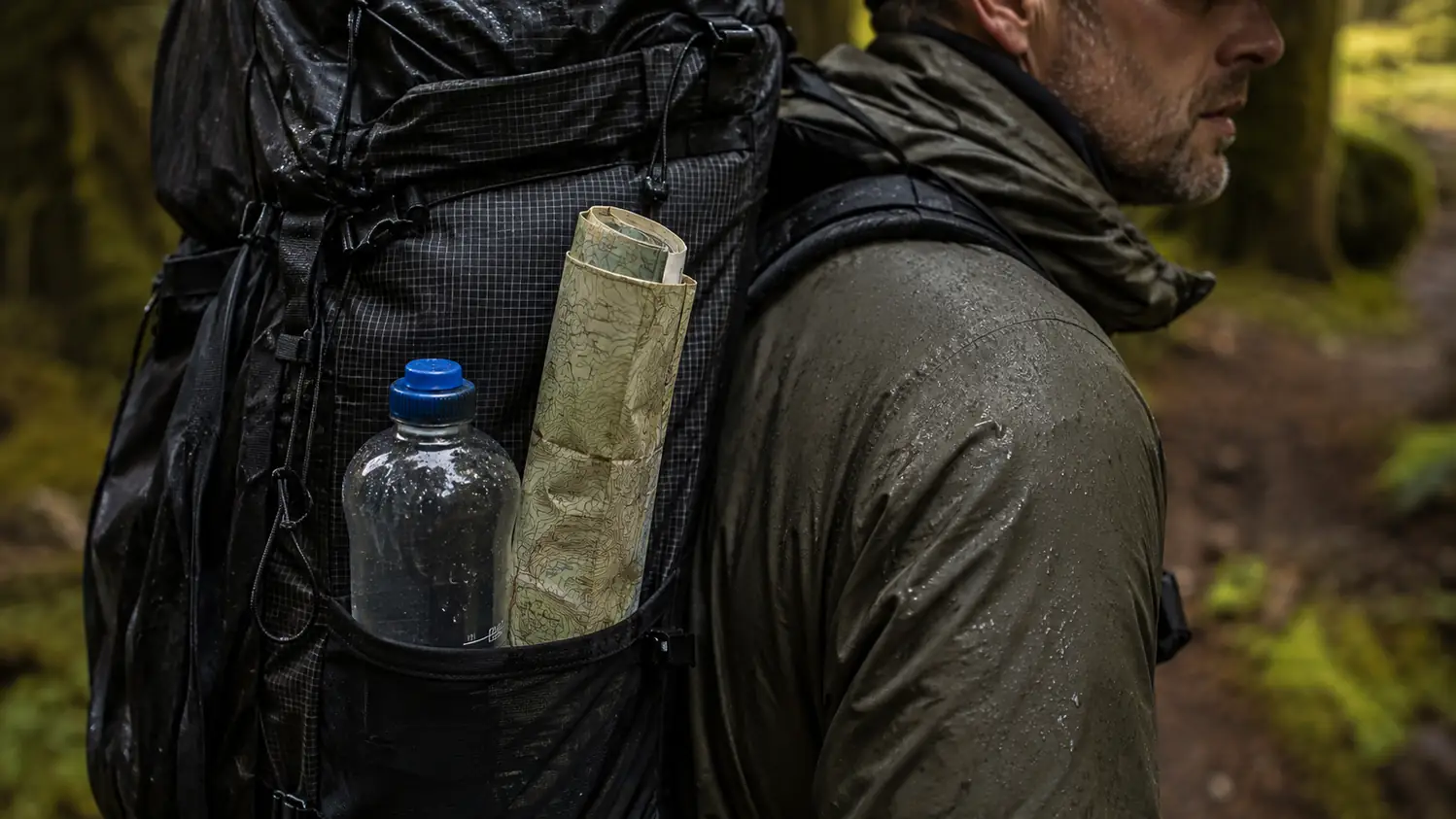 Loaded side pouches of a pack holding a water bottle, trail map rolled in the side stretch pocket