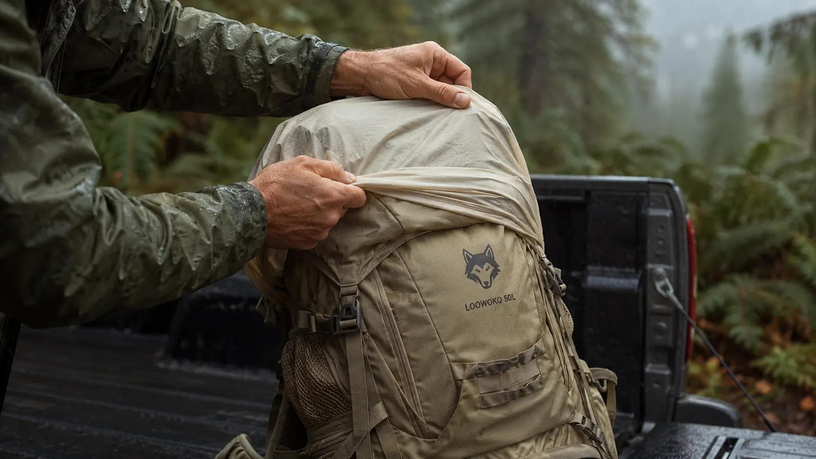 A hand cinching the top-loading drawstring of the Loowoko 50L pack and pulling its thin rain cover over the frame