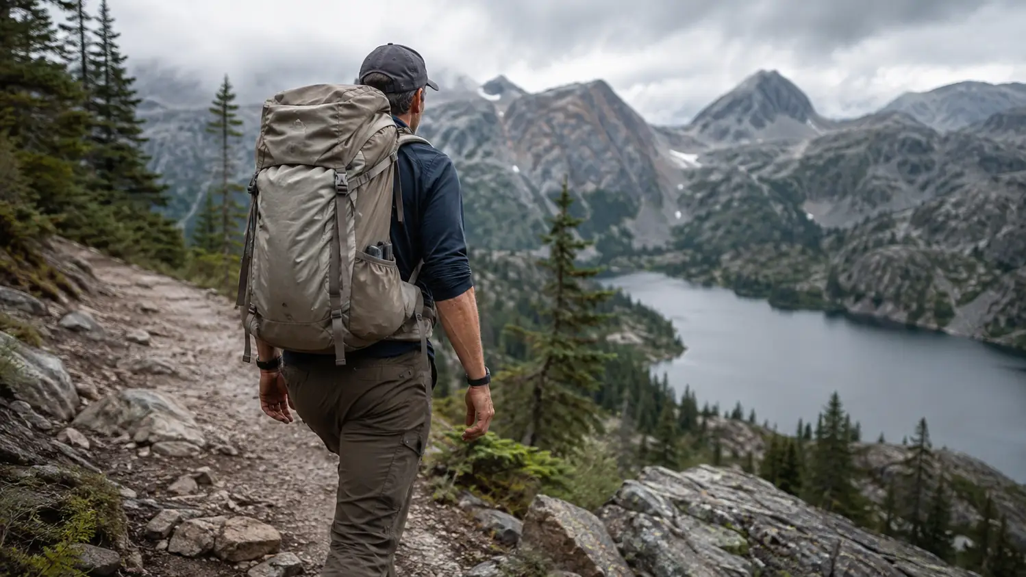 A packer on a rocky alpine trail carrying a beige 50 liter pack with a lightly loaded carry, lake in the distance