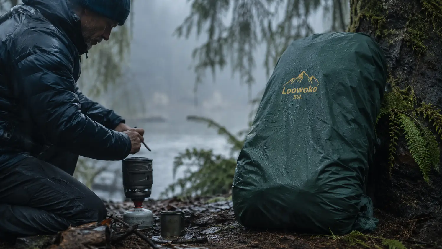 The rain cover pulled tight over the 50L pack in steady rain at a treeline camp