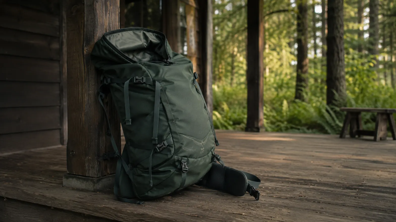 The empty pack leaning on a cabin porch with the sleeping bag compartment open