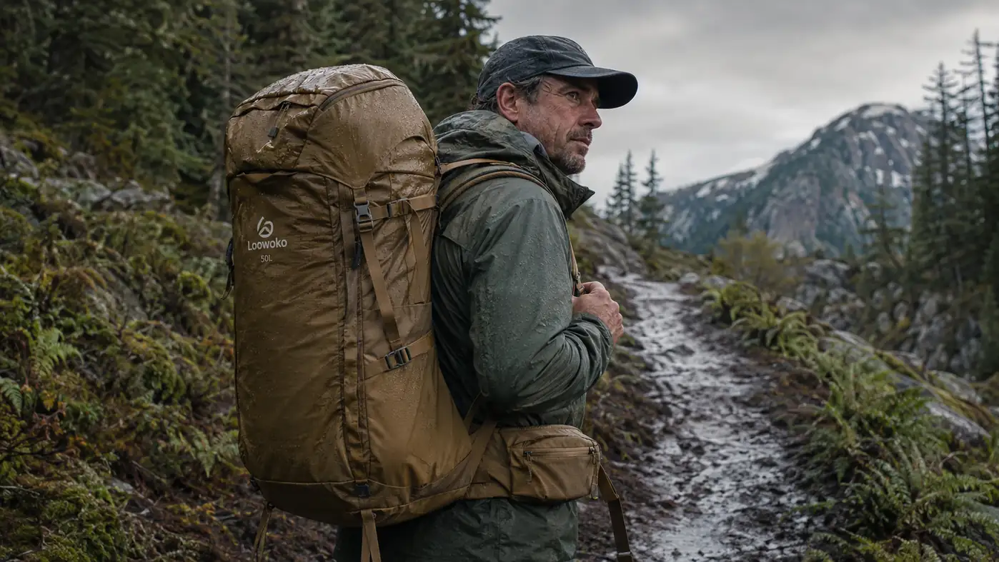 A hiker wearing the Loowoko 50L pack, hip belt tightened, walking a muddy ridge trail