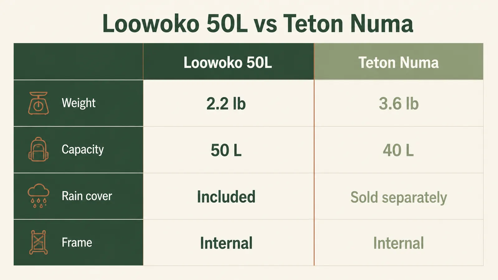 A comparison table of the Loowoko 50L and Teton Numa on weight, capacity, rain cover, and frame type