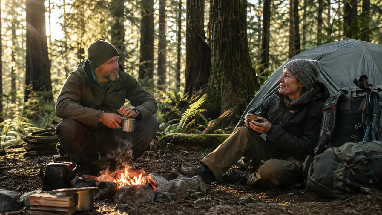 Two hikers seated on logs at a campfire, packs leaning against a tent, late afternoon at a trail camp