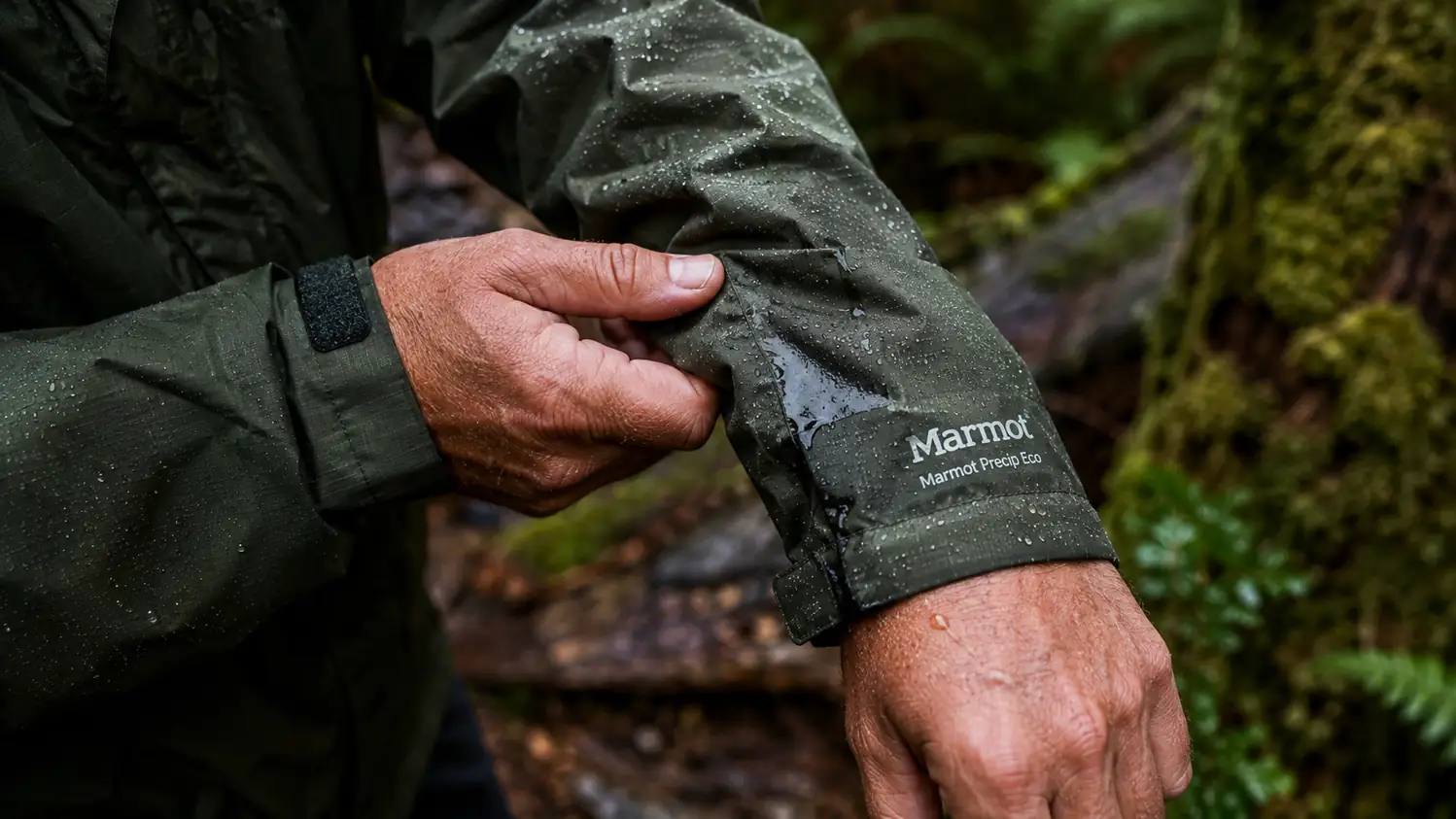 Close-up of a damp rain-jacket sleeve showing water beading faintly on the fabric as it begins to wet out into a dark patch