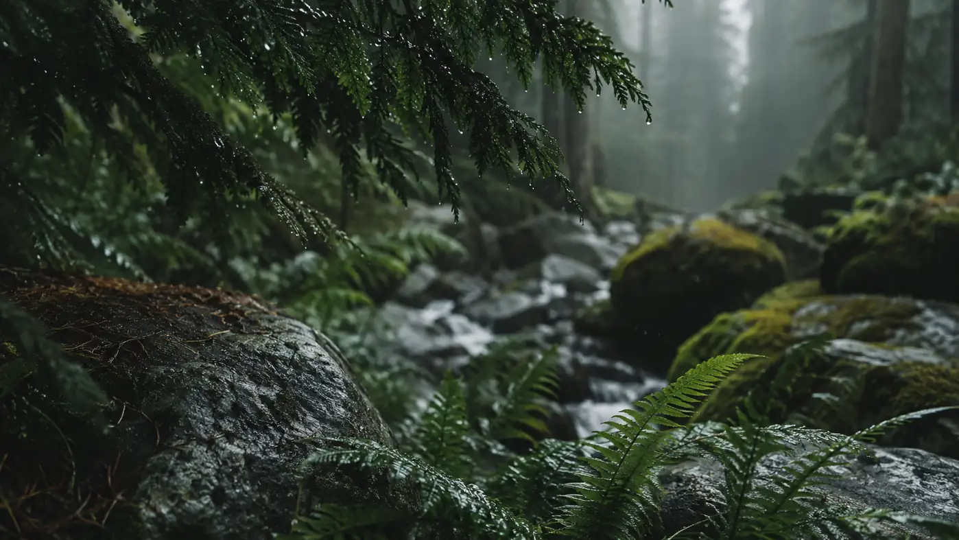 Rain sliding off a broad forest canopy onto a low rock, the kind of quiet all-day drizzle the PNW is known for