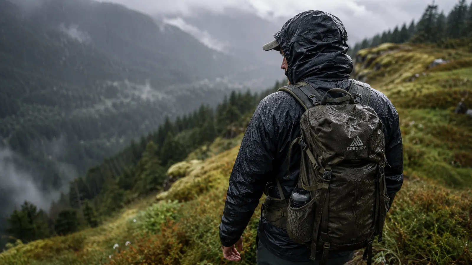 Rear view of a hiker in steady rain on an exposed PNW ridge, jacket glistening with beaded water, hood layers pulled up