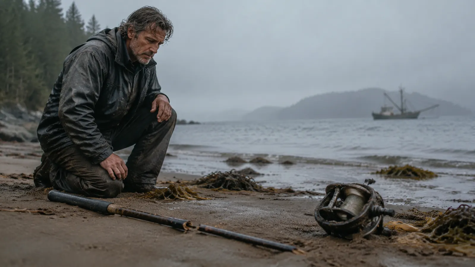 A brittle snapped rod tip lying on wet sand next to a washed-up crab pot, the wreckage of a cheap reel