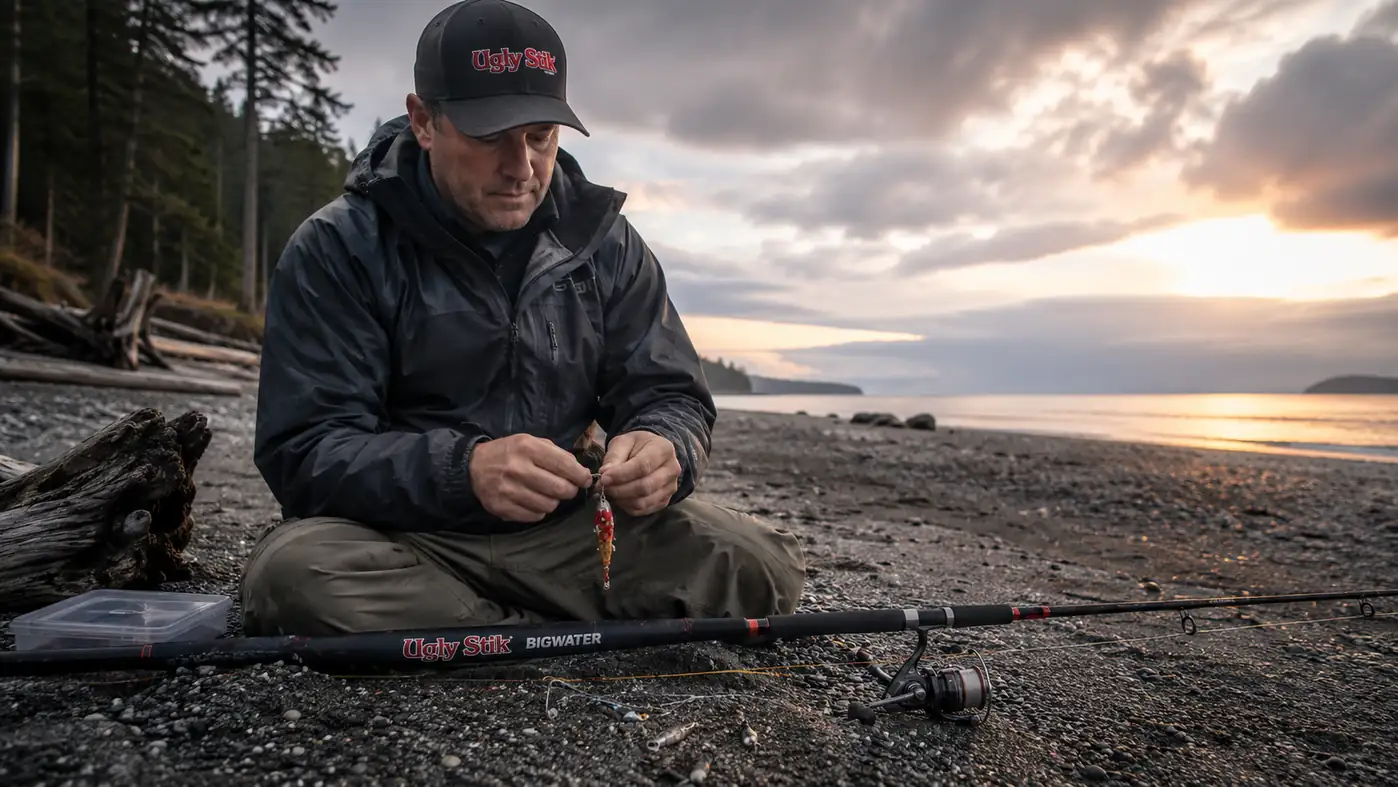 A neatly rigged spinner on the Ugly Stik Bigwater combo with a bobber and leader laid out over the rod on a calm evening beach