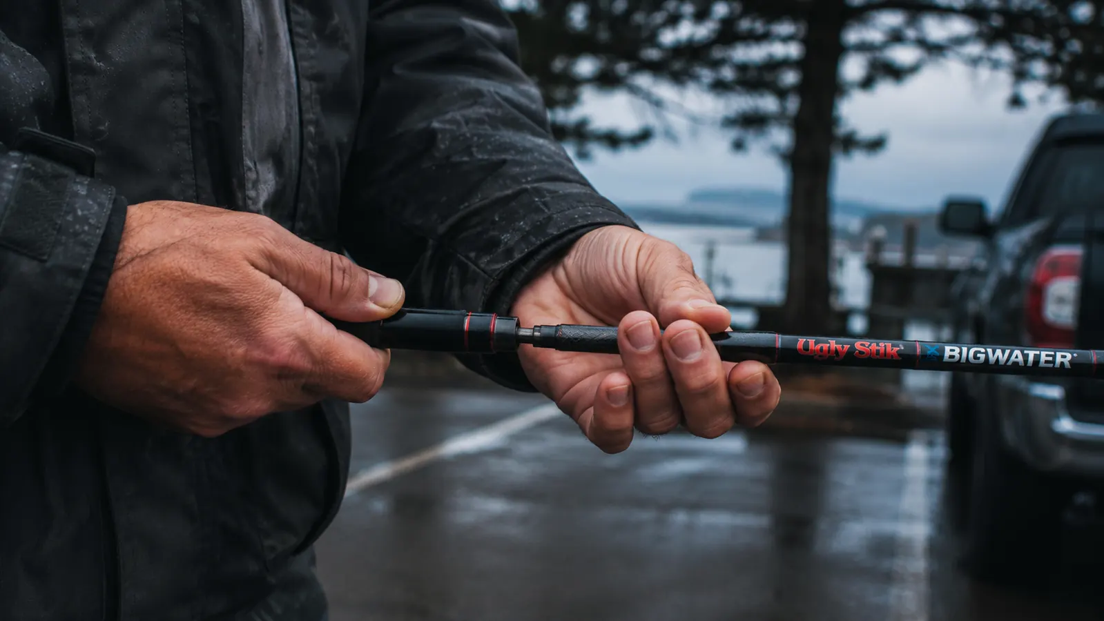 Hands assembling the two halves of the Ugly Stik Bigwater rod at the ferrule joint