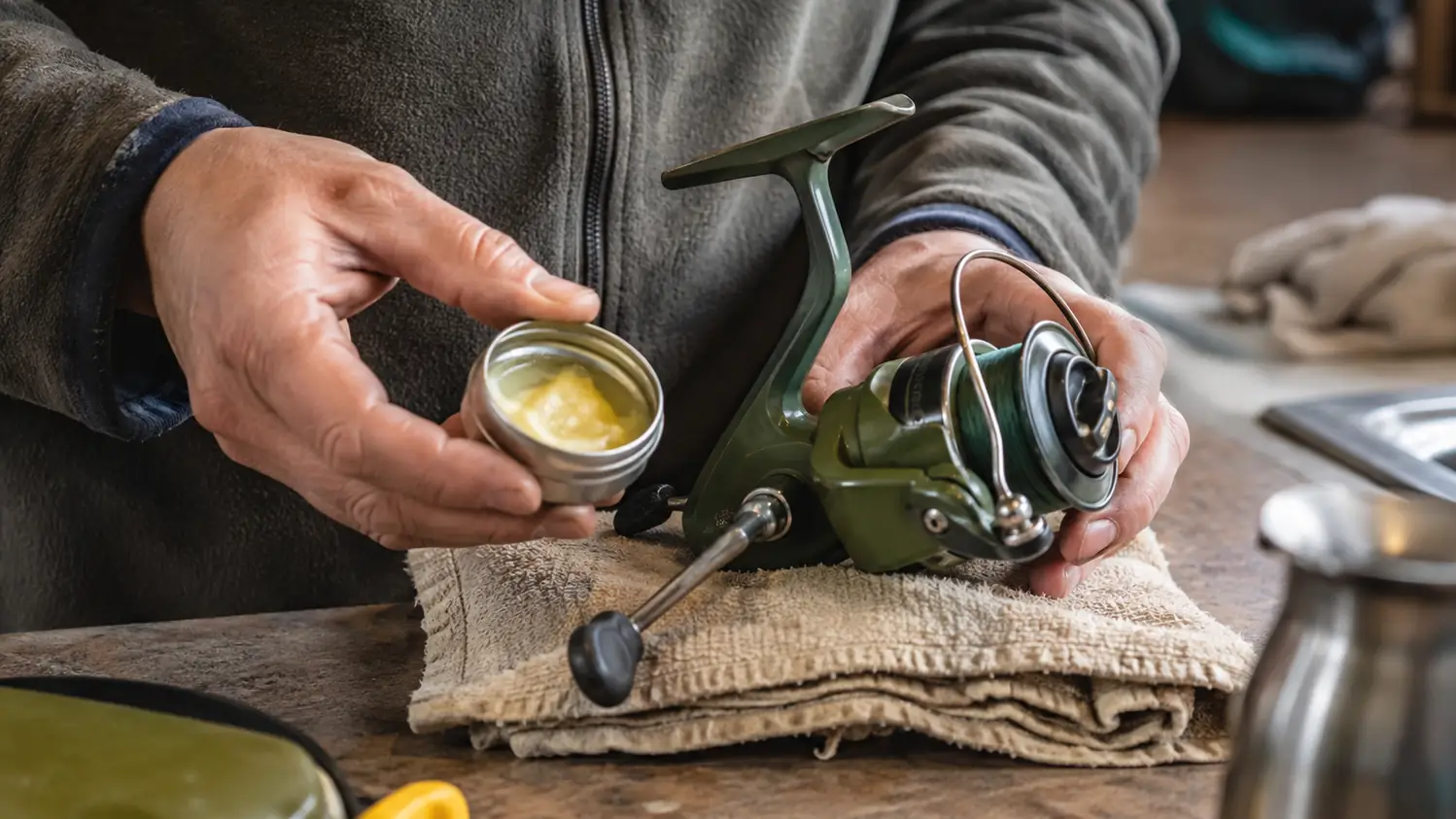 A spinning reel laid on a towel with the drag knob and handle clearly visible, being serviced after a salt trip