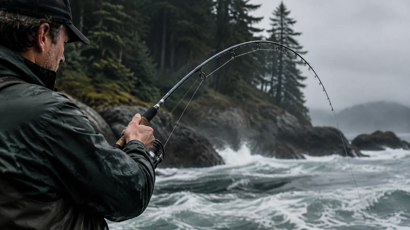 A rod bent deep with line peeling out over the surf