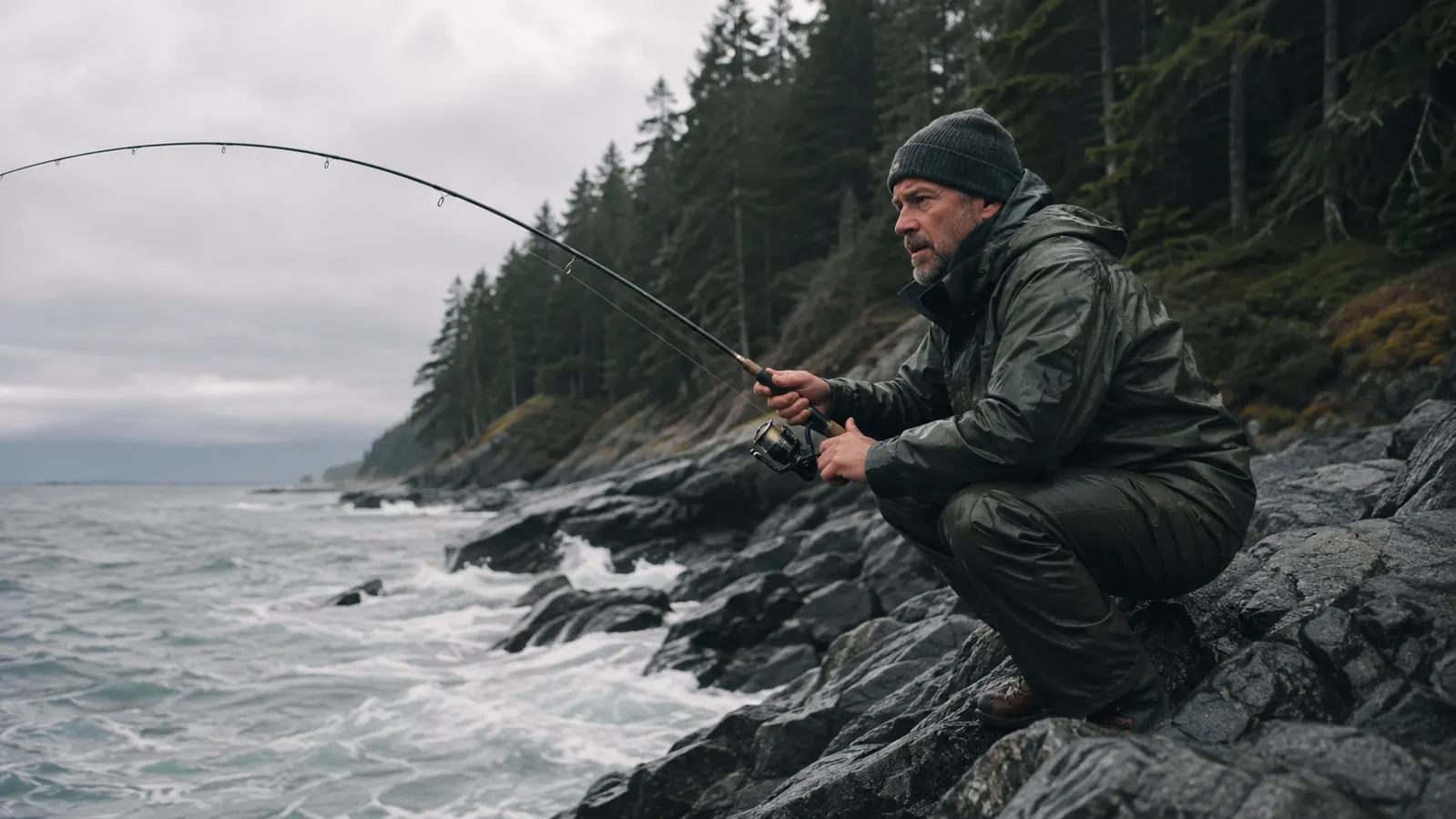 A jetty angler crouched low reeling against the pull of a surf fish, wet rocks and white water around the rocks below